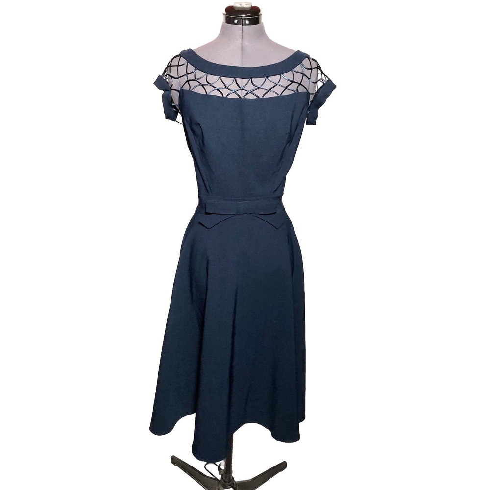 Tatyana‎ Alika Navy Blue Retro Fit Flare Dress Lattice Bow Waist XL Rockabilly